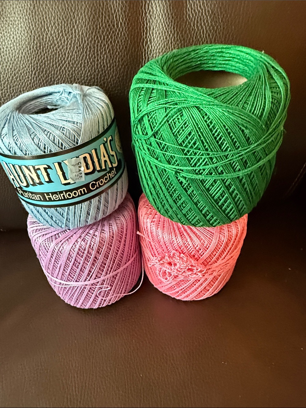 Aunt Lydia's Heirloom Crochet Thread Set - Green, Light Blue, Lilac, Coral Pink